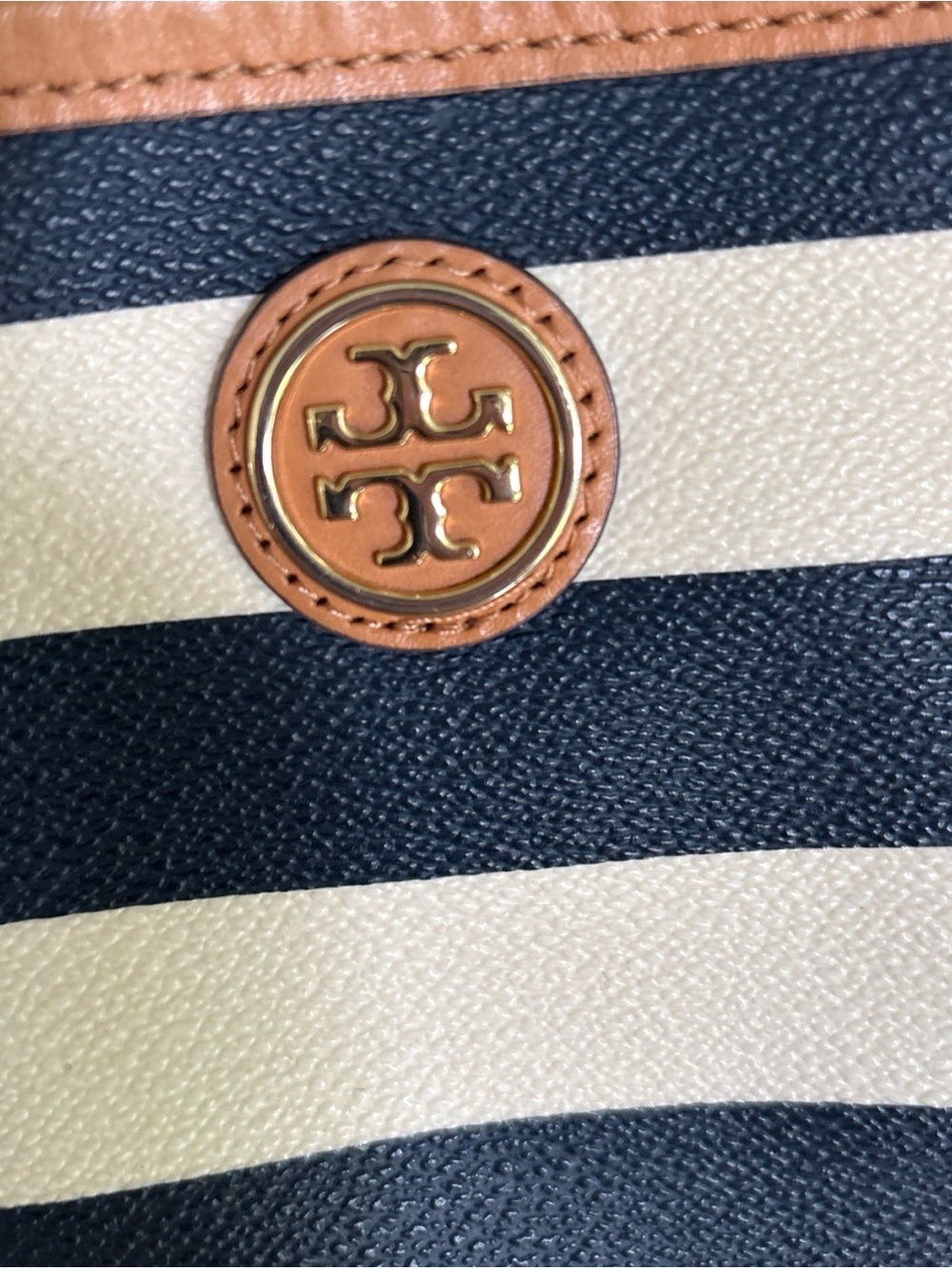 Tory Burch Navy and Cream Striped Tote with Tan Leather Accents - Picture 10 of 16